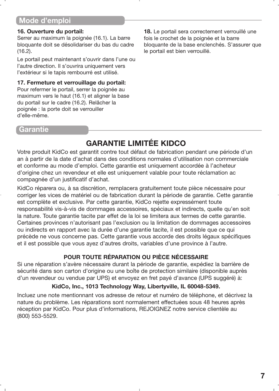 7garantie garantie limitée kidco, Mode d’emploi | Kidco PD20c User Manual | Page 7 / 14