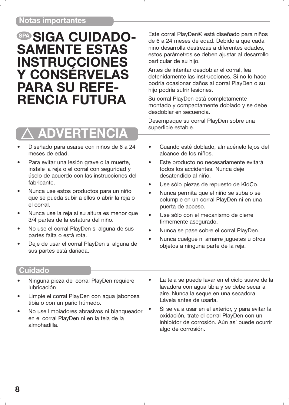 Advertencia, 8notas importantes cuidado | Kidco PD20c User Manual | Page 8 / 14