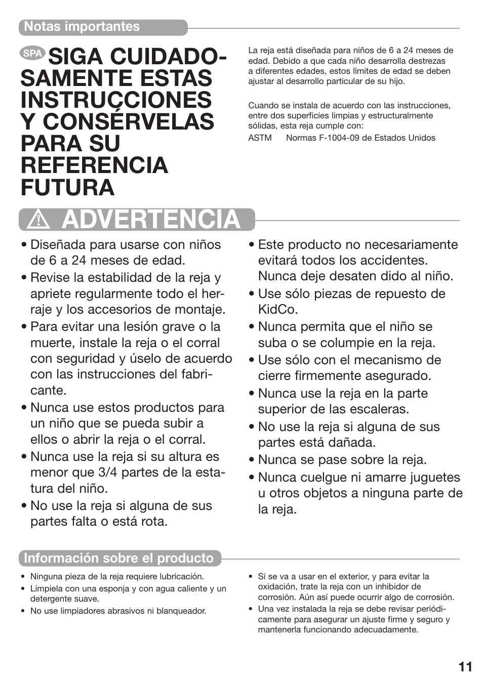 Advertencia | Kidco G151 User Manual | Page 11 / 18