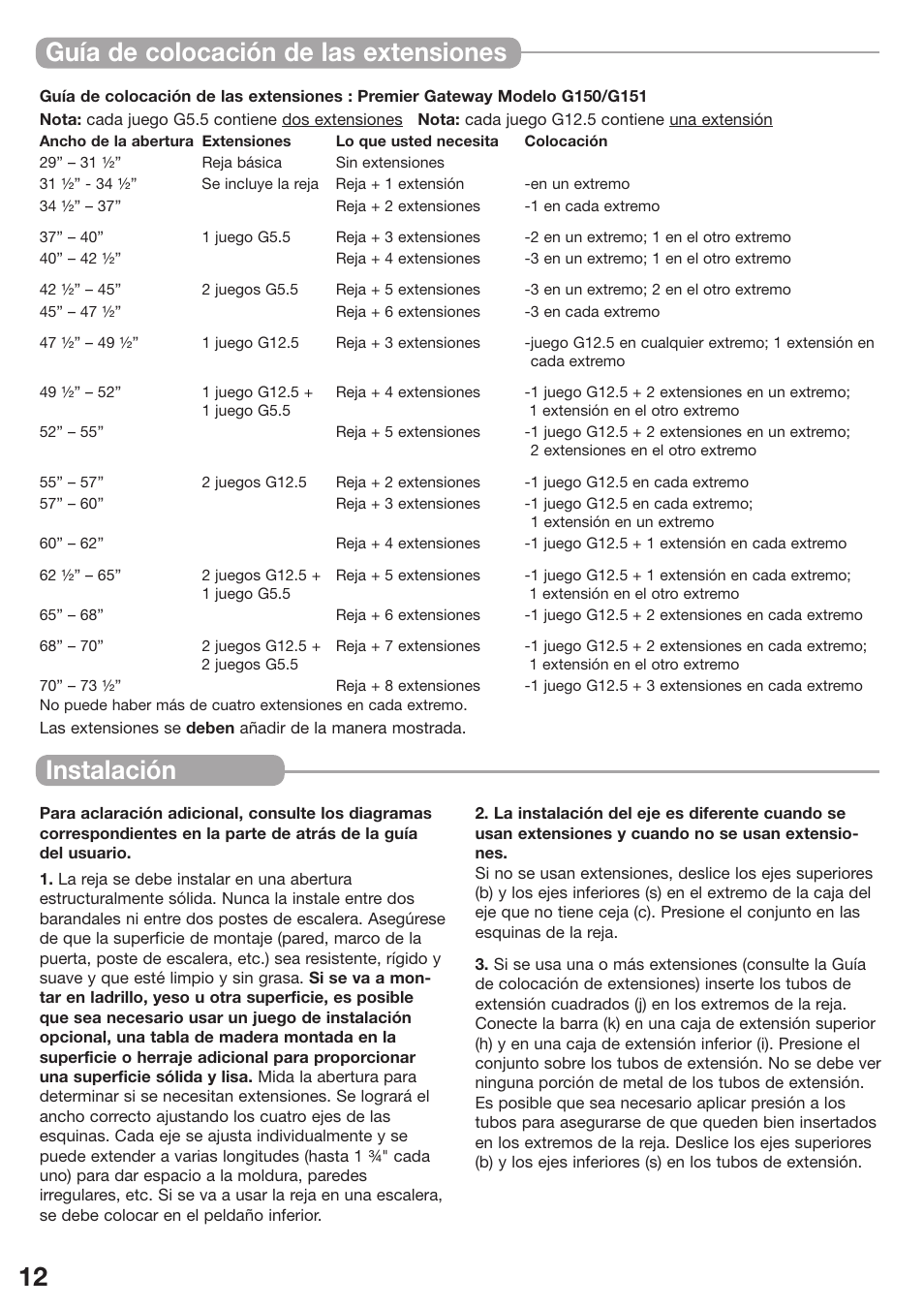 12 instalación, Guía de colocación de las extensiones | Kidco G151 User Manual | Page 12 / 18
