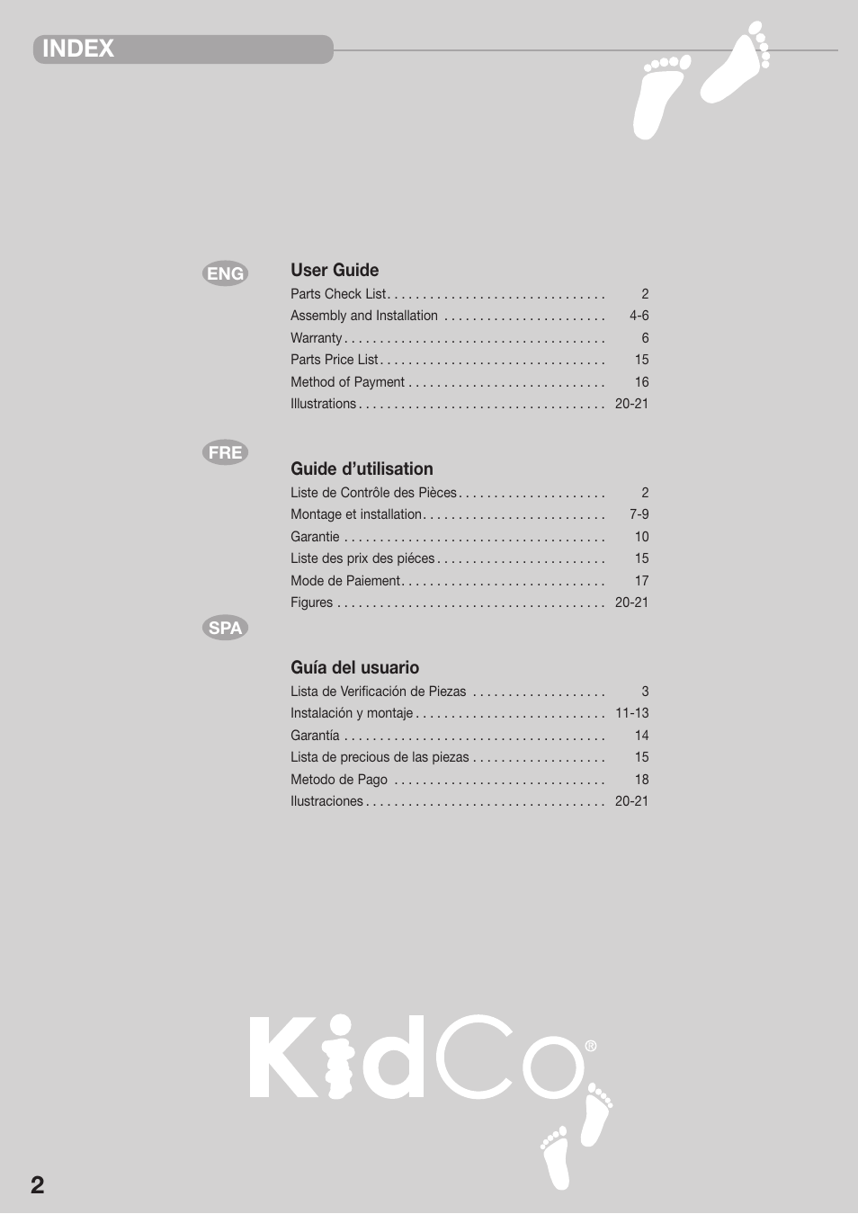 Index, User guide, Guide d’utilisation | Guía del usuario | Kidco G151 User Manual | Page 2 / 18
