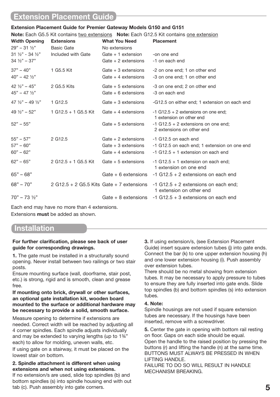 Installation 5 extension placement guide | Kidco G151 User Manual | Page 5 / 18