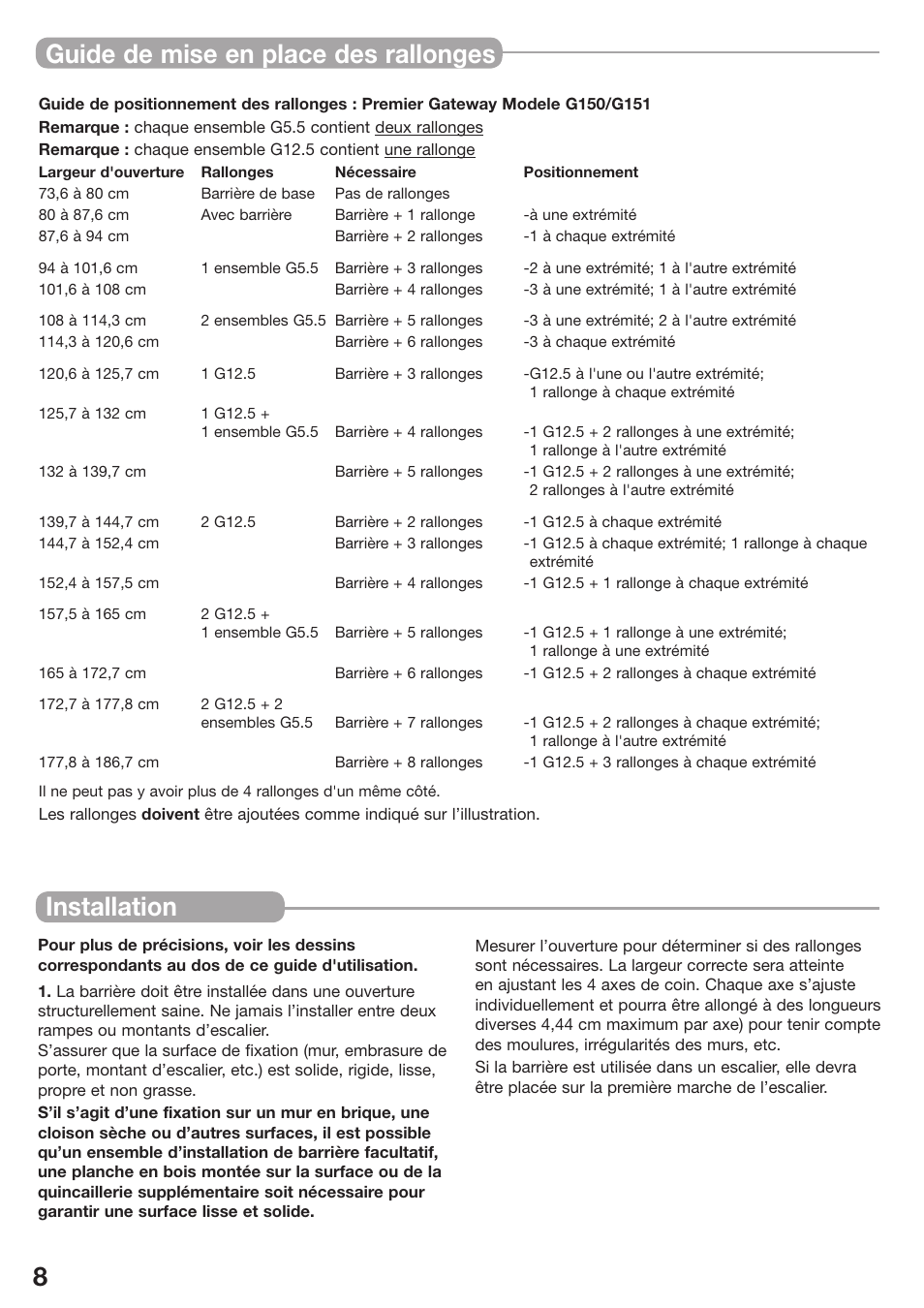 8installation, Guide de mise en place des rallonges | Kidco G151 User Manual | Page 8 / 18