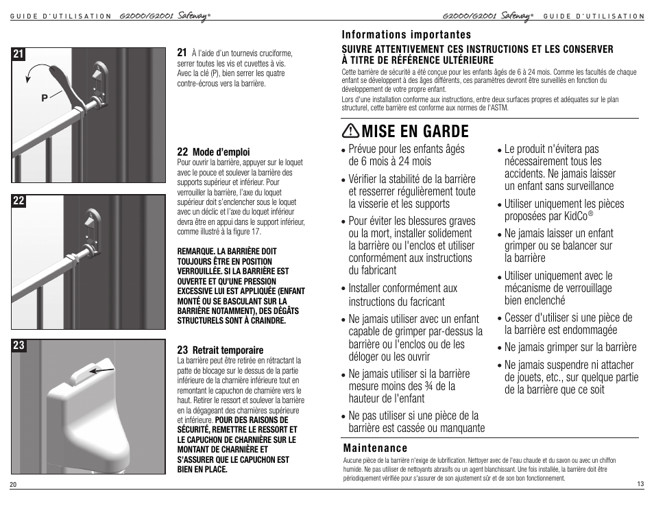 Mise en garde | Kidco G2001 User Manual | Page 11 / 16