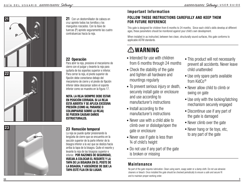 Warning | Kidco G2001 User Manual | Page 16 / 16