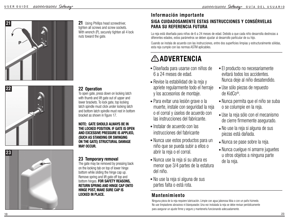 Advertencia | Kidco G2001 User Manual | Page 6 / 16