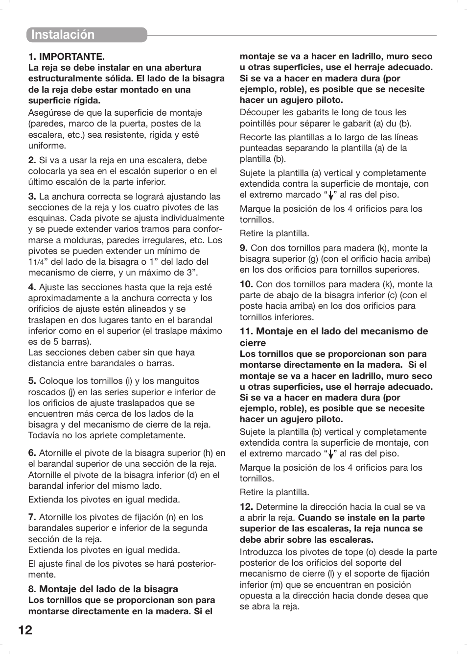 12 instalación | Kidco G20d User Manual | Page 12 / 18