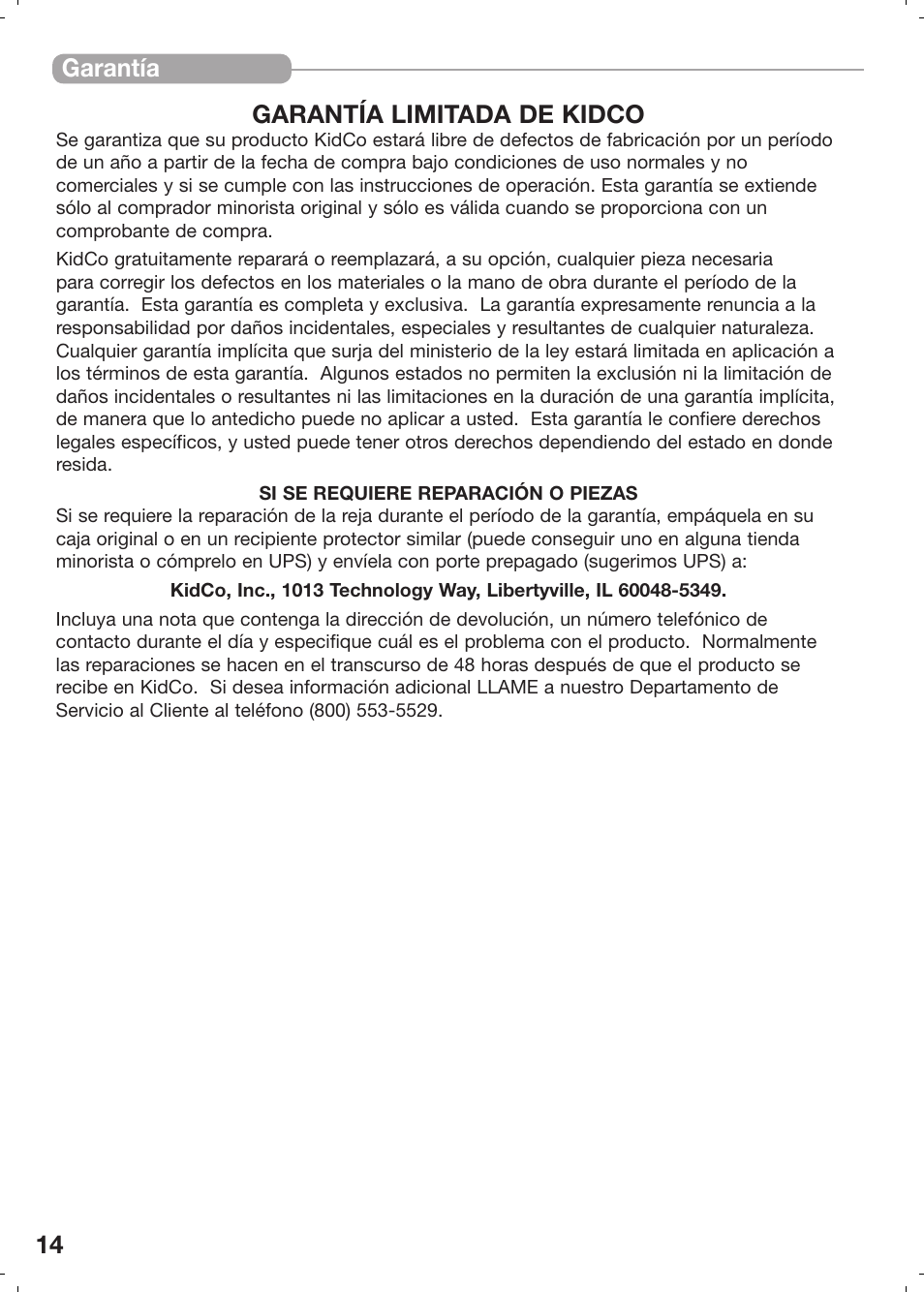 14 garantía garantía limitada de kidco | Kidco G20d User Manual | Page 14 / 18