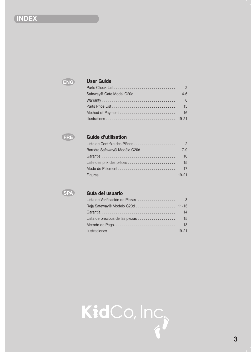 Index | Kidco G20d User Manual | Page 3 / 18