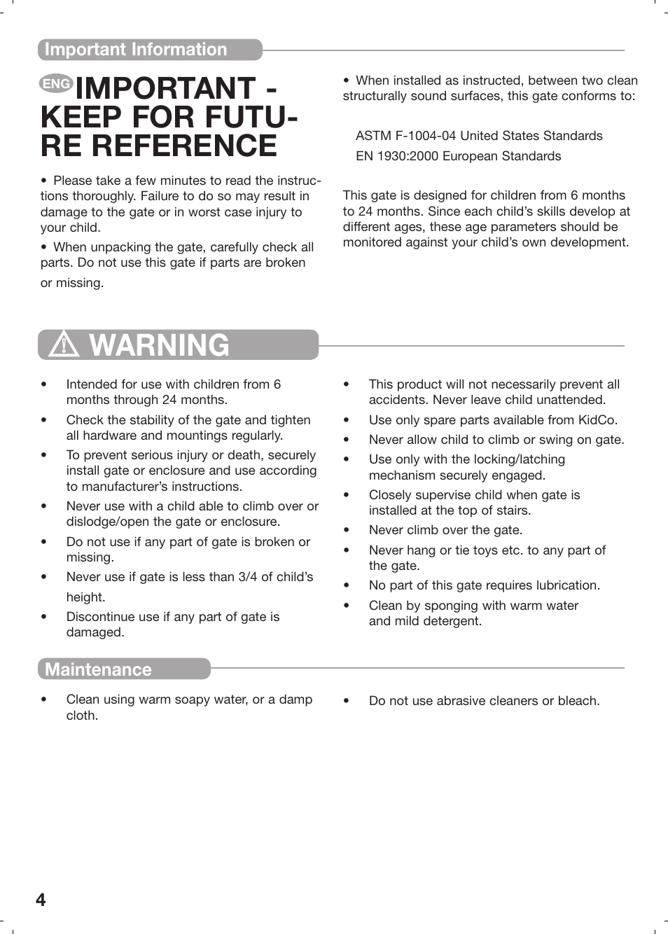 Important - keep for futu- re reference, Warning, Important information maintenance | Kidco G20d User Manual | Page 4 / 18