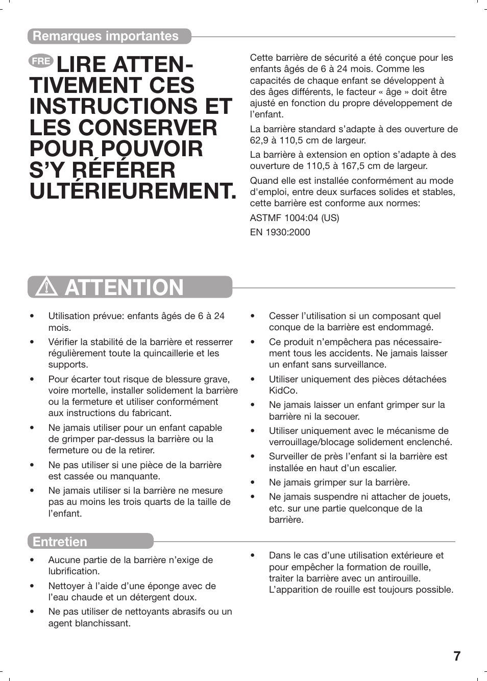 Remarques importantes entretien | Kidco G20d User Manual | Page 7 / 18