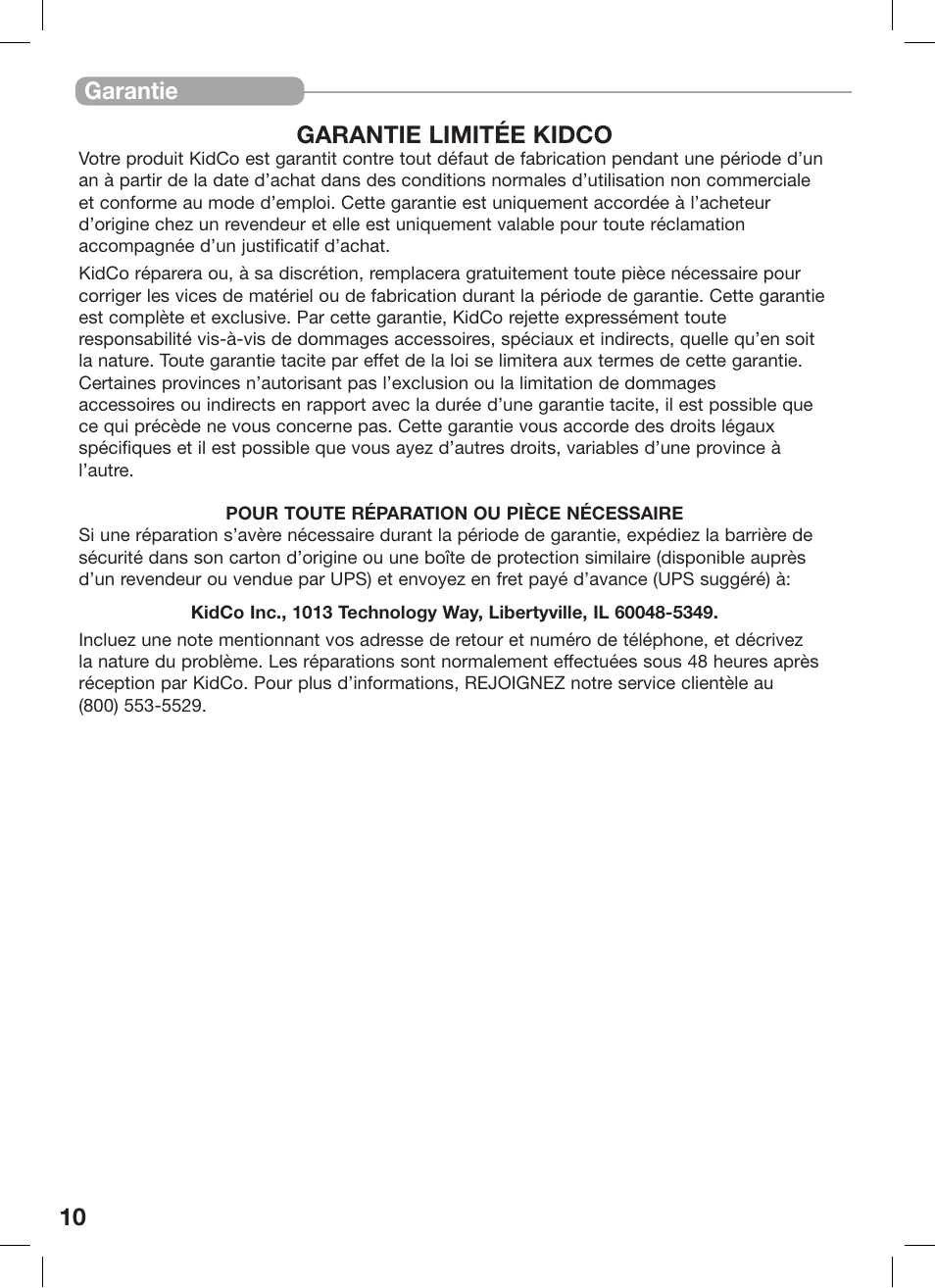 10 garantie garantie limitée kidco | Kidco G20d-C User Manual | Page 10 / 18