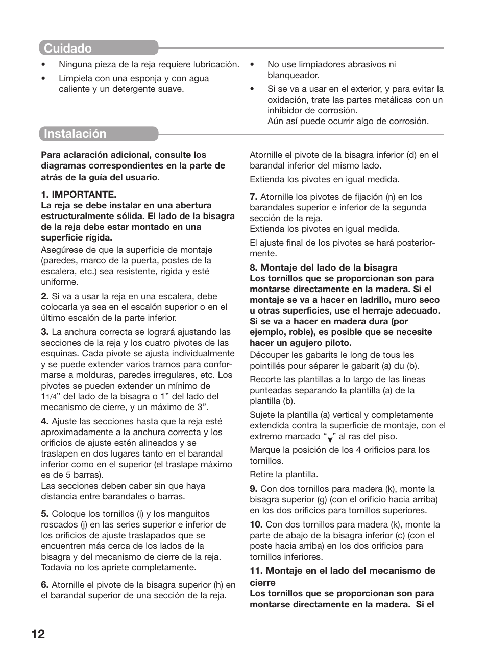 12 instalación, Cuidado | Kidco G20d-C User Manual | Page 12 / 18