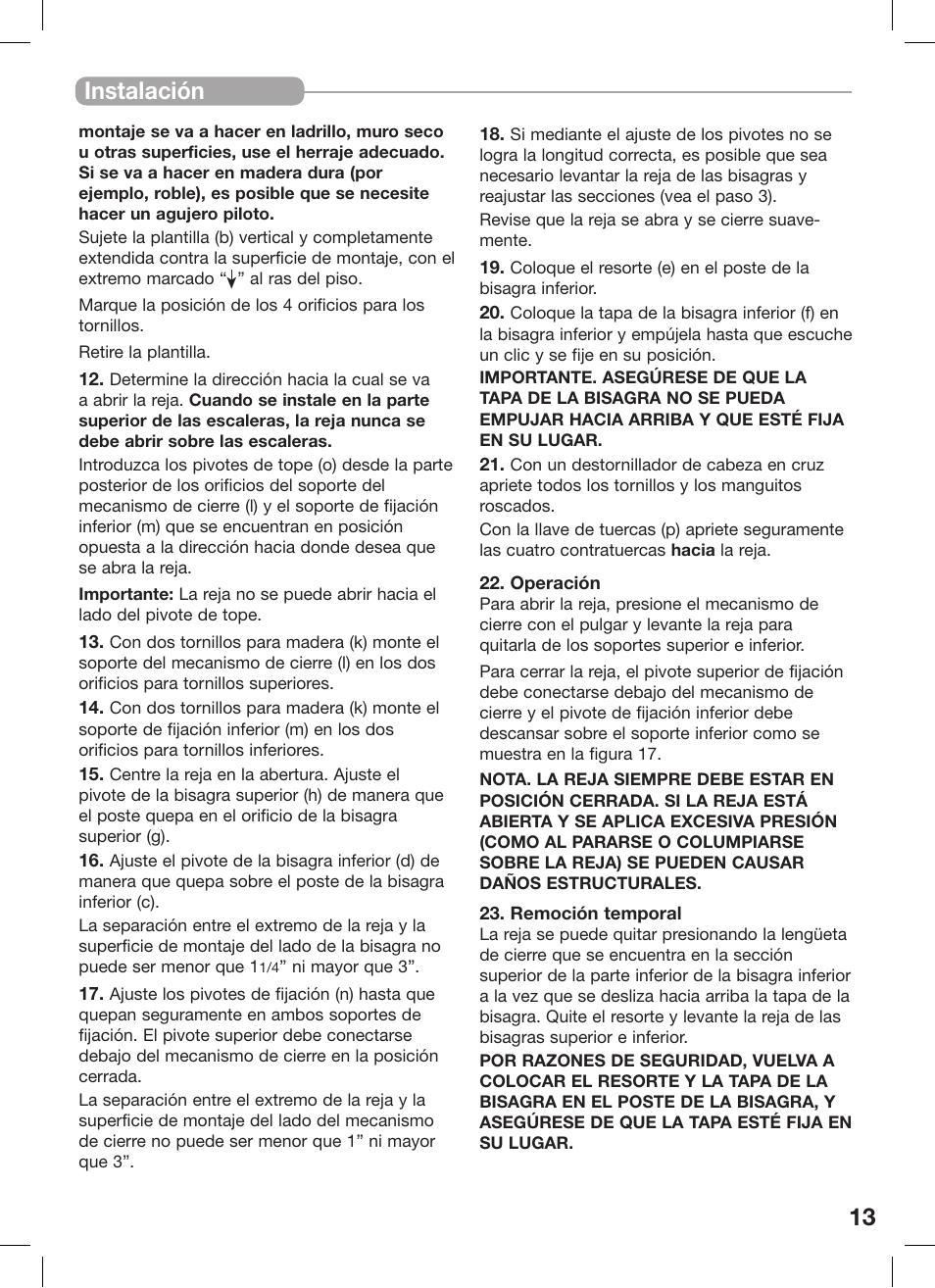 Instalación | Kidco G20d-C User Manual | Page 13 / 18