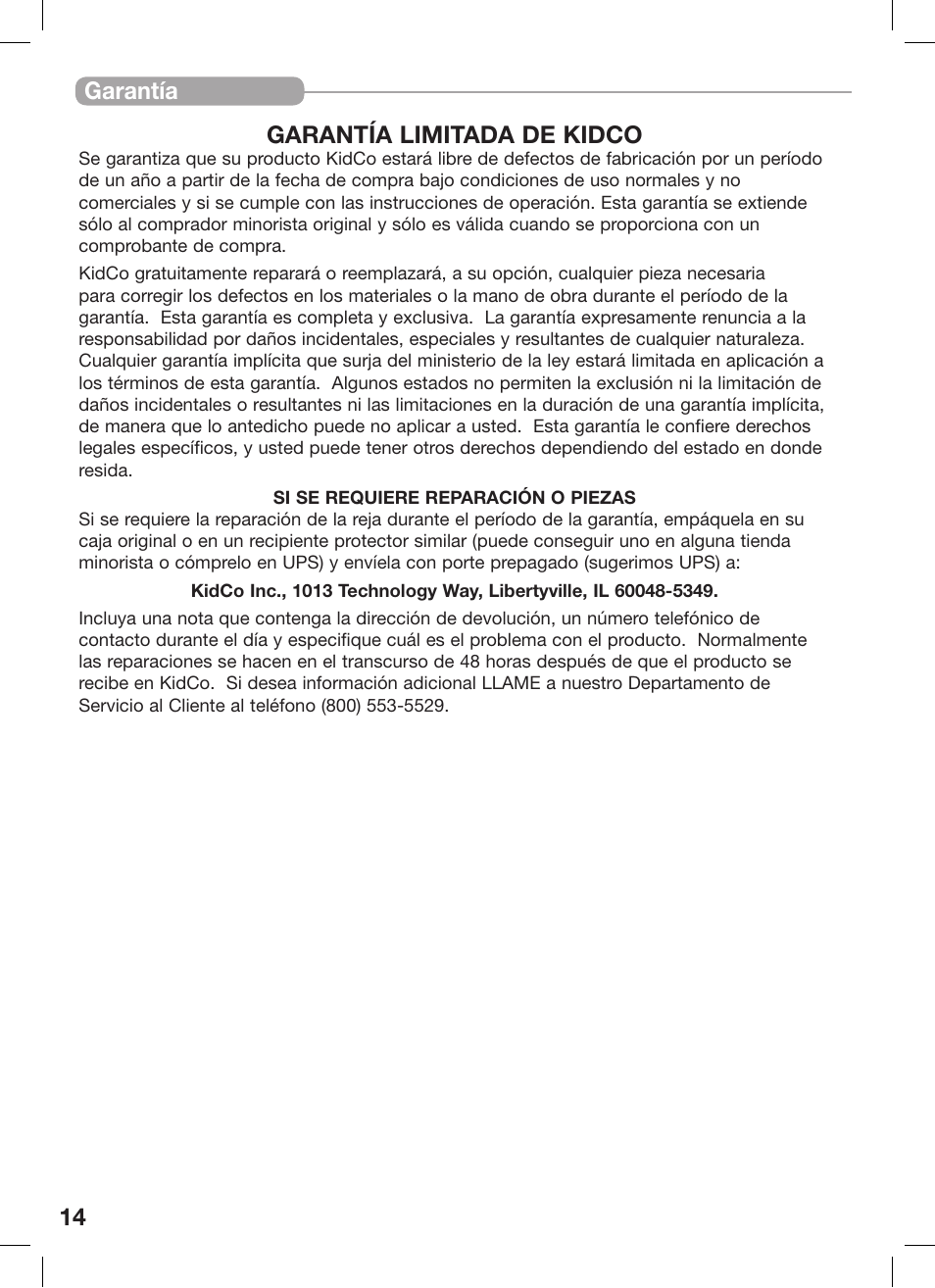 14 garantía garantía limitada de kidco | Kidco G20d-C User Manual | Page 14 / 18