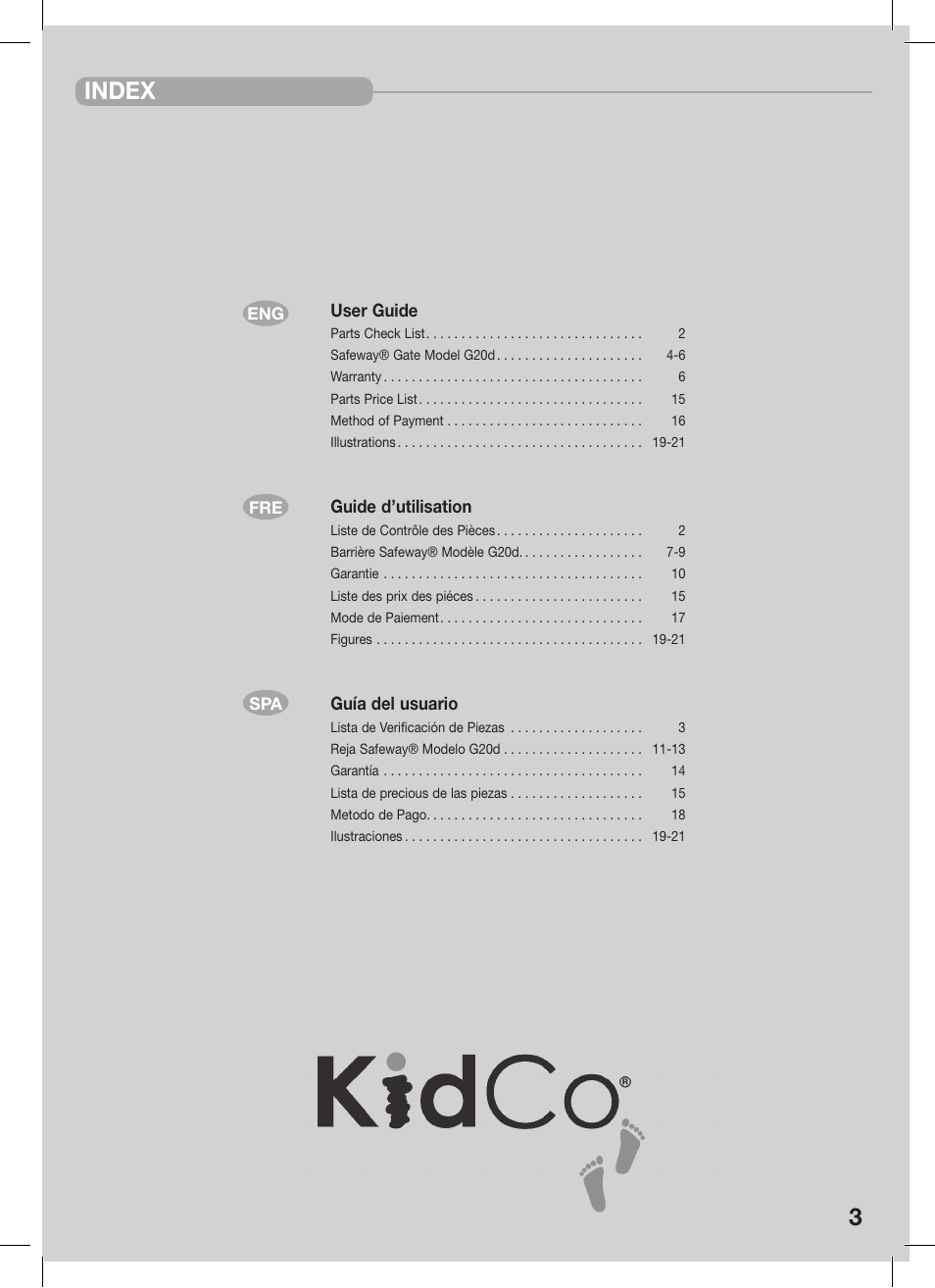 Index | Kidco G20d-C User Manual | Page 3 / 18