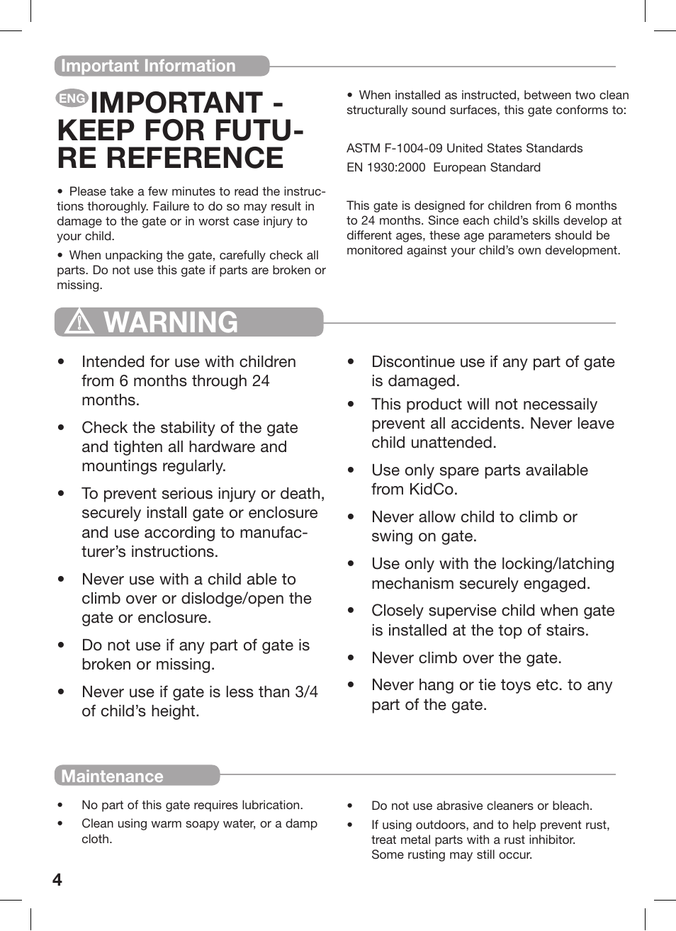 Important - keep for futu- re reference, Warning | Kidco G20d-C User Manual | Page 4 / 18