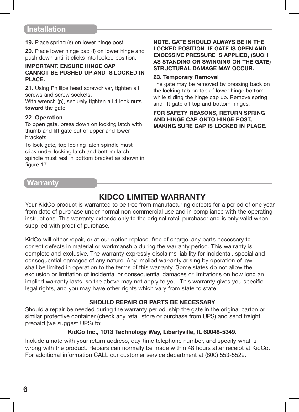 6installation, Warranty kidco limited warranty | Kidco G20d-C User Manual | Page 6 / 18