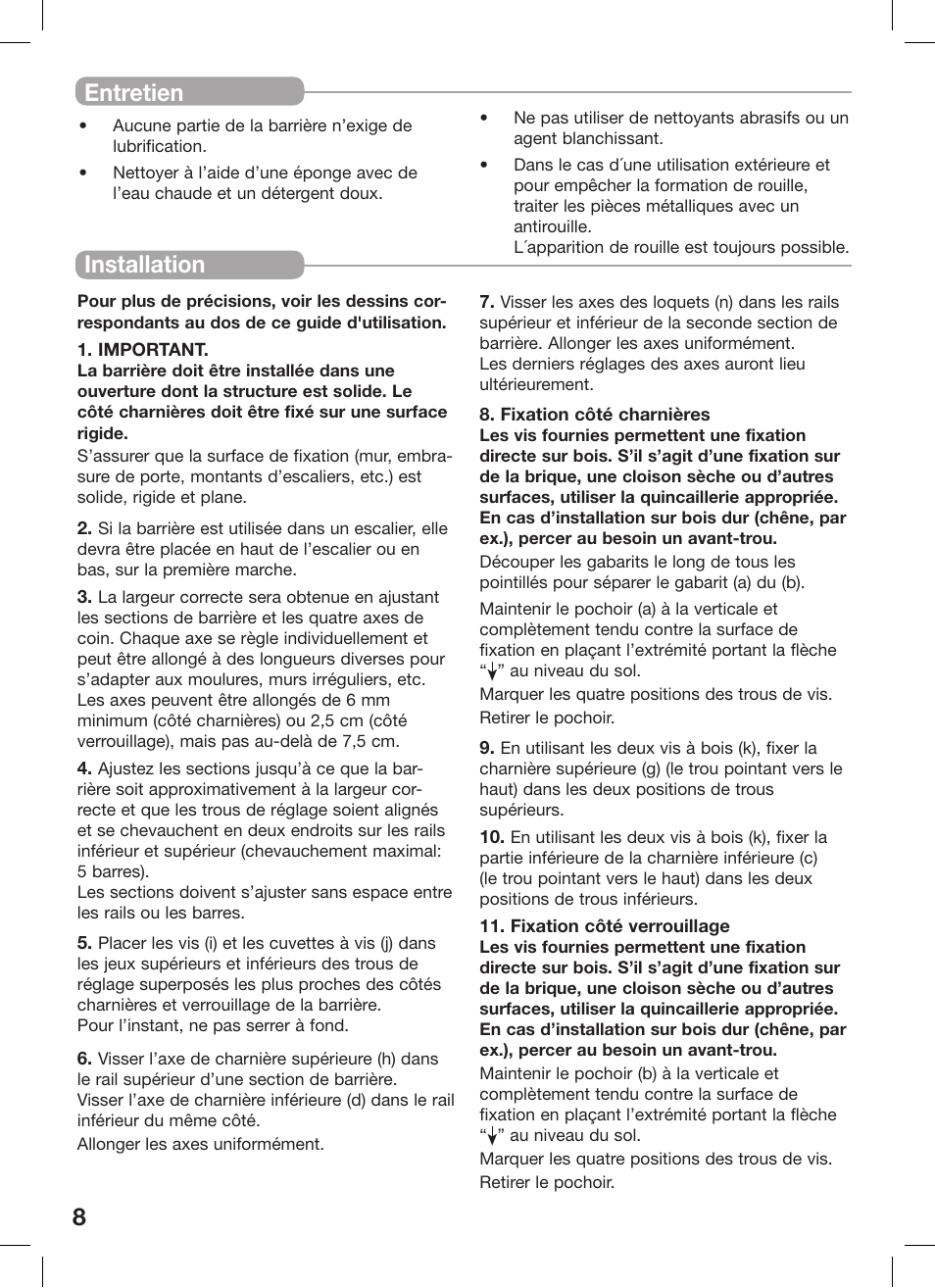 8installation, Entretien | Kidco G20d-C User Manual | Page 8 / 18