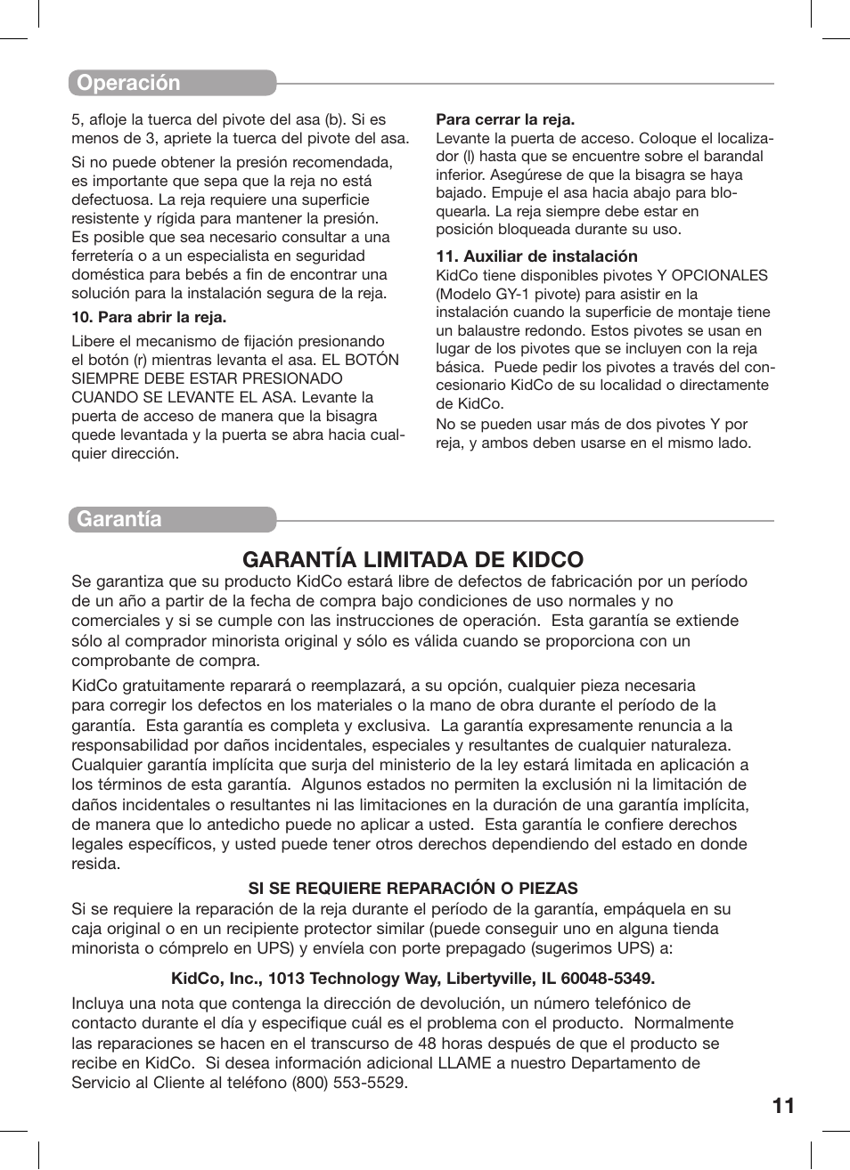 Operación, 11 garantía garantía limitada de kidco | Kidco G35d User Manual | Page 11 / 18