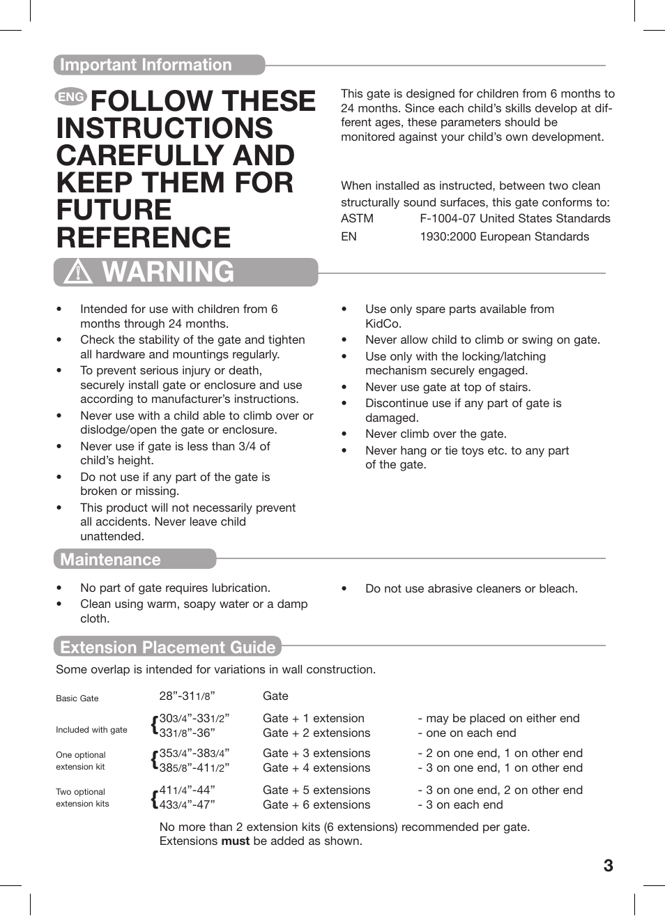 Warning, Important information maintenance, Extension placement guide | Kidco G35d User Manual | Page 3 / 18