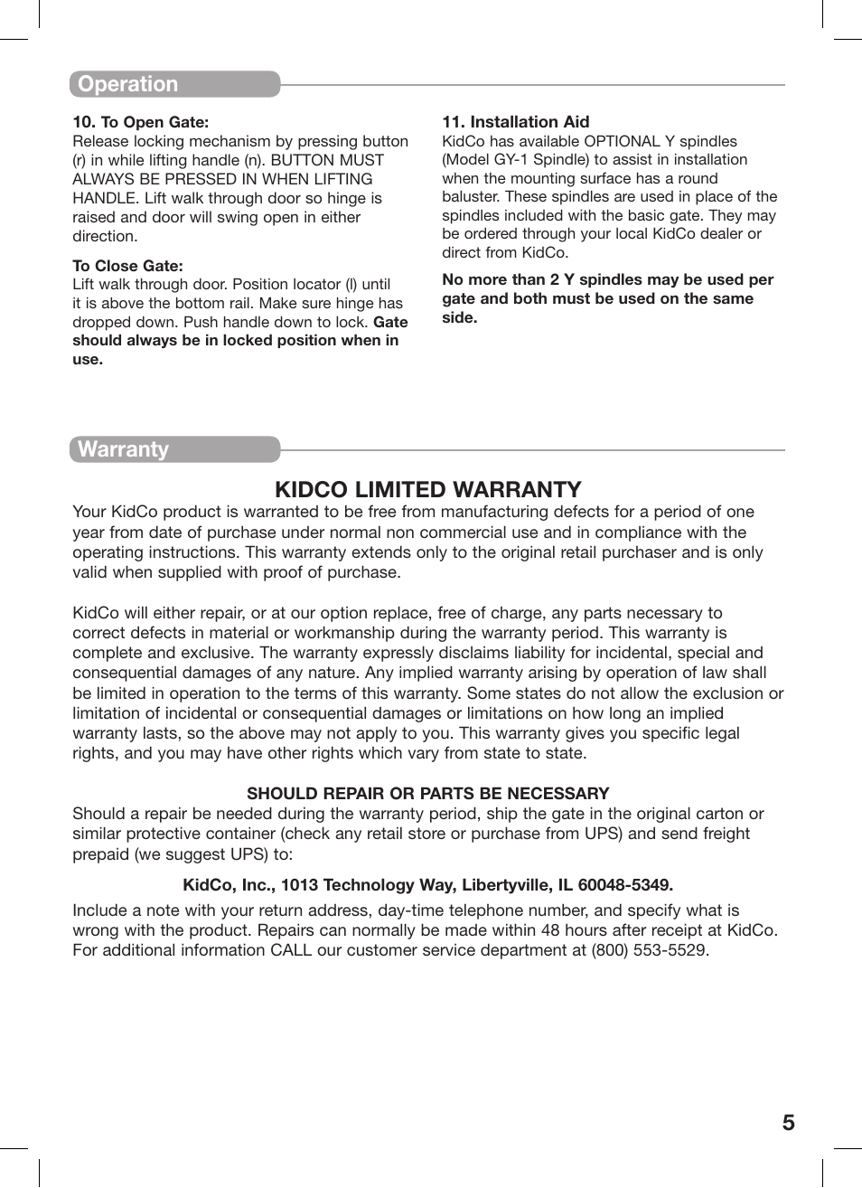 Operation, Warranty kidco limited warranty | Kidco G35d User Manual | Page 5 / 18