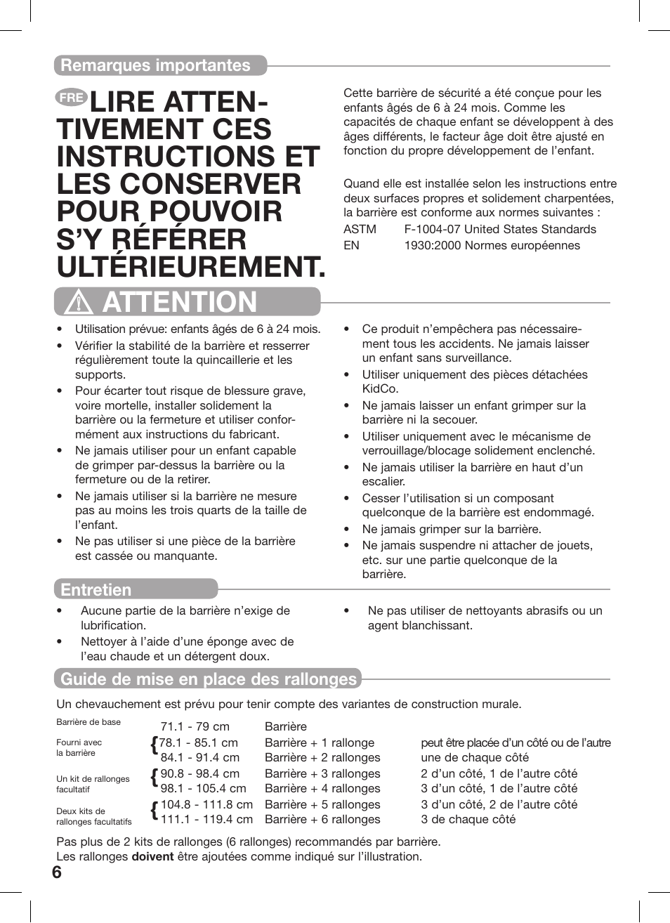 6installation remarques importantes entretien, Guide de mise en place des rallonges | Kidco G35d User Manual | Page 6 / 18