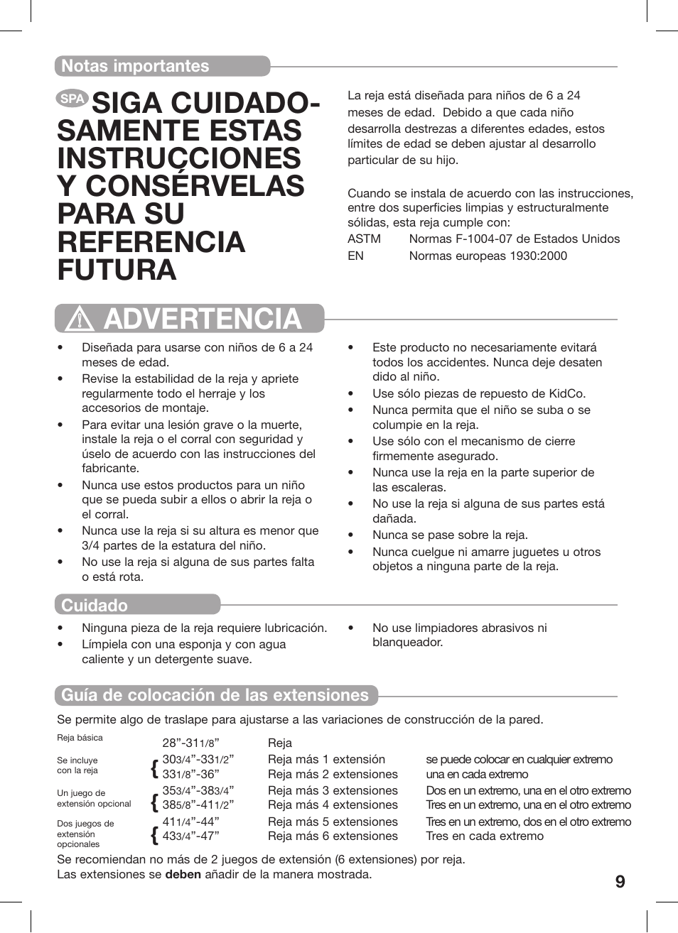 Notas importantes cuidado, 9guía de colocación de las extensiones | Kidco G35d User Manual | Page 9 / 18