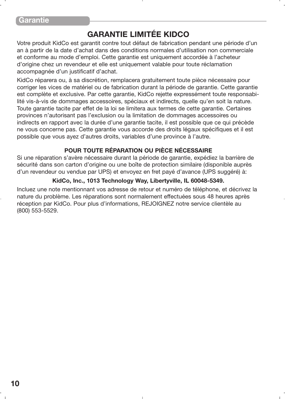 10 garantie garantie limitée kidco | Kidco G31c User Manual | Page 10 / 18