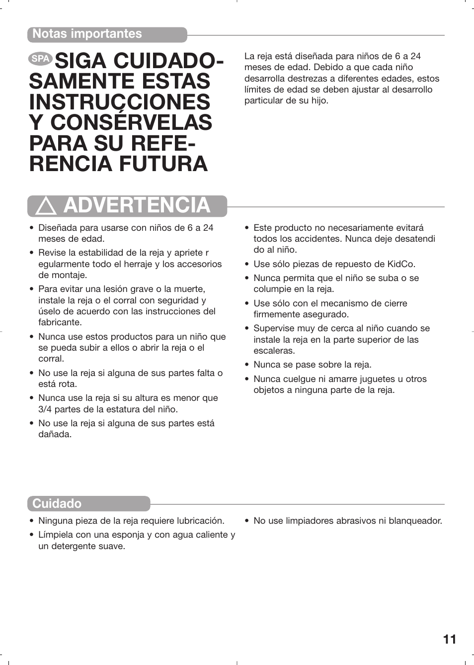 Advertencia, Notas importantes cuidado | Kidco G31c User Manual | Page 11 / 18