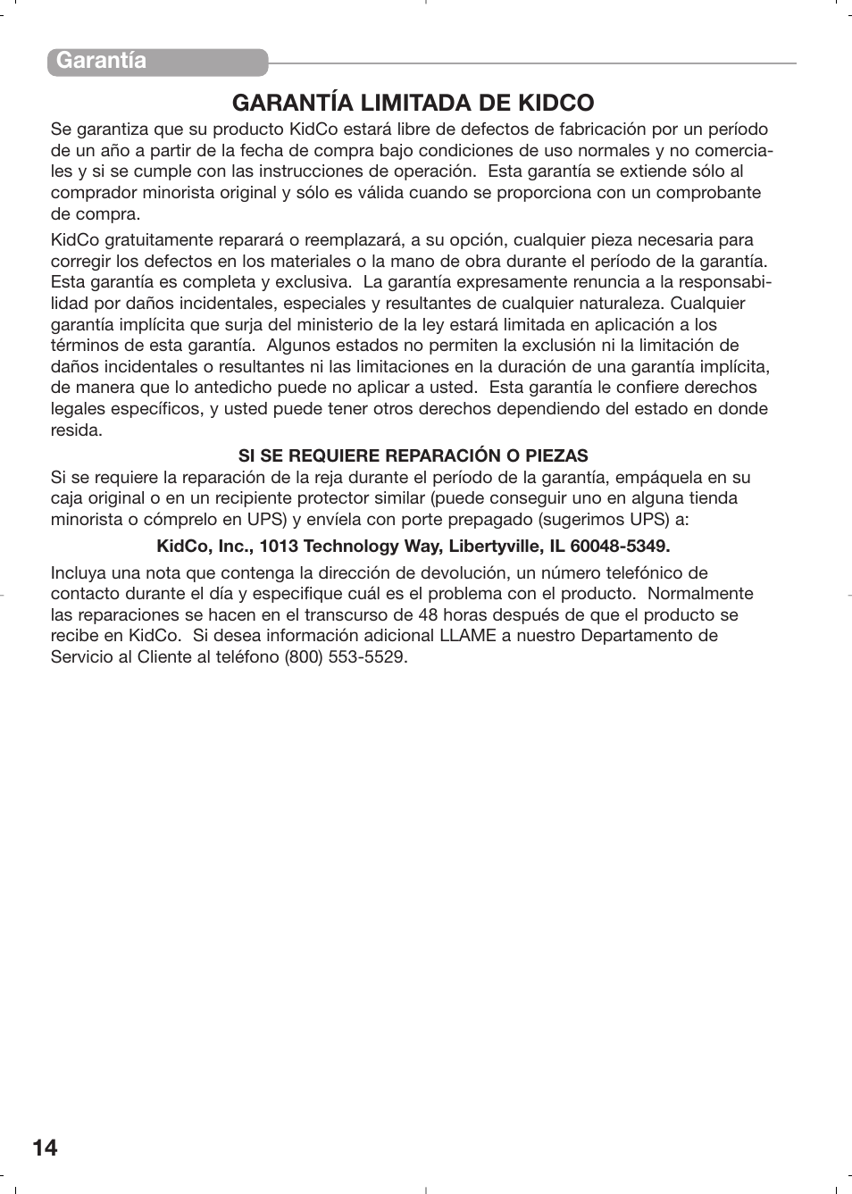 14 garantía garantía limitada de kidco | Kidco G31c User Manual | Page 14 / 18