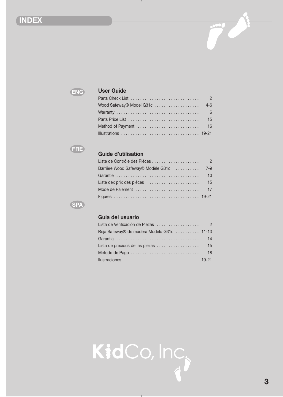 Index | Kidco G31c User Manual | Page 3 / 18