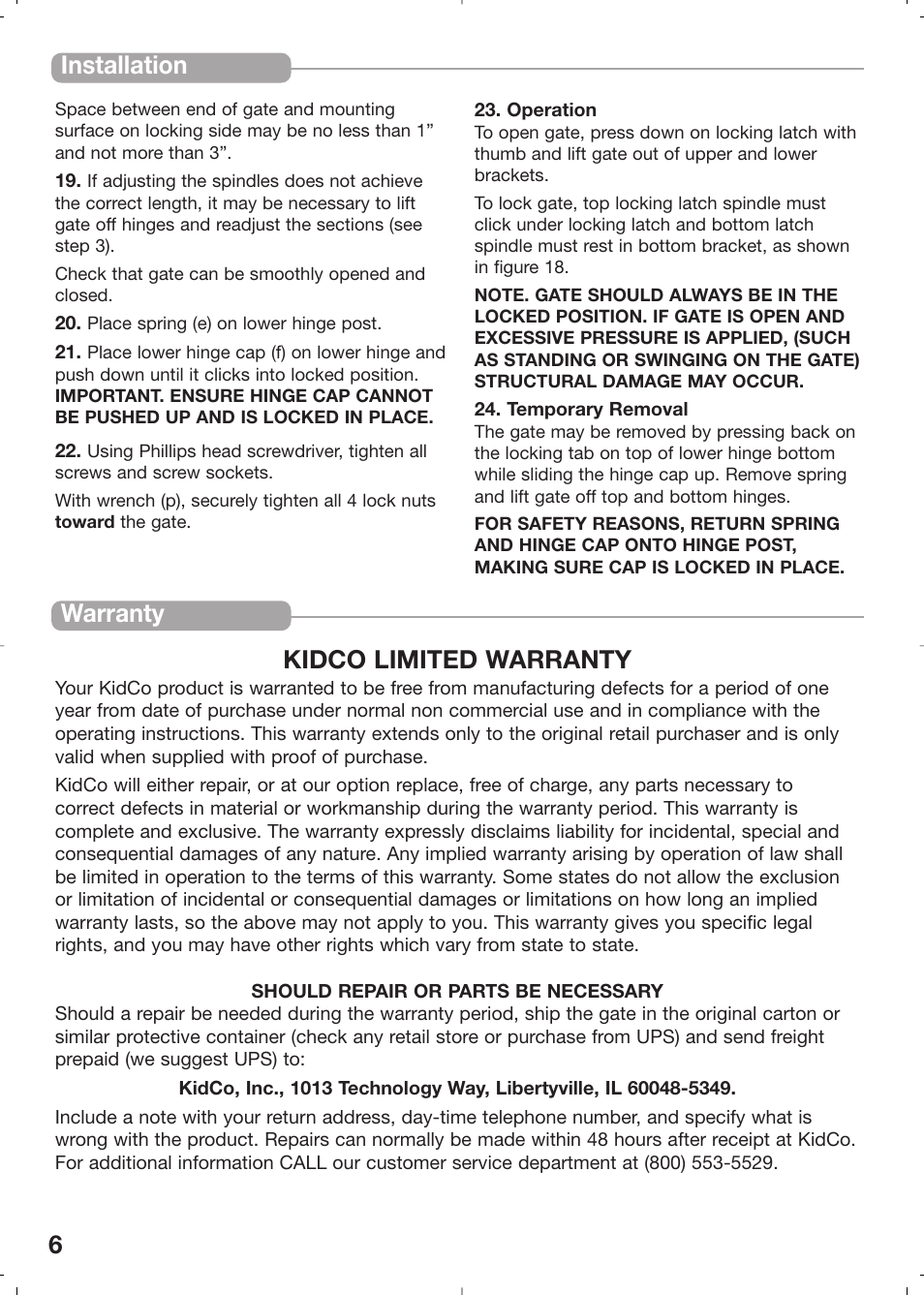 6installation, Warranty kidco limited warranty | Kidco G31c User Manual | Page 6 / 18