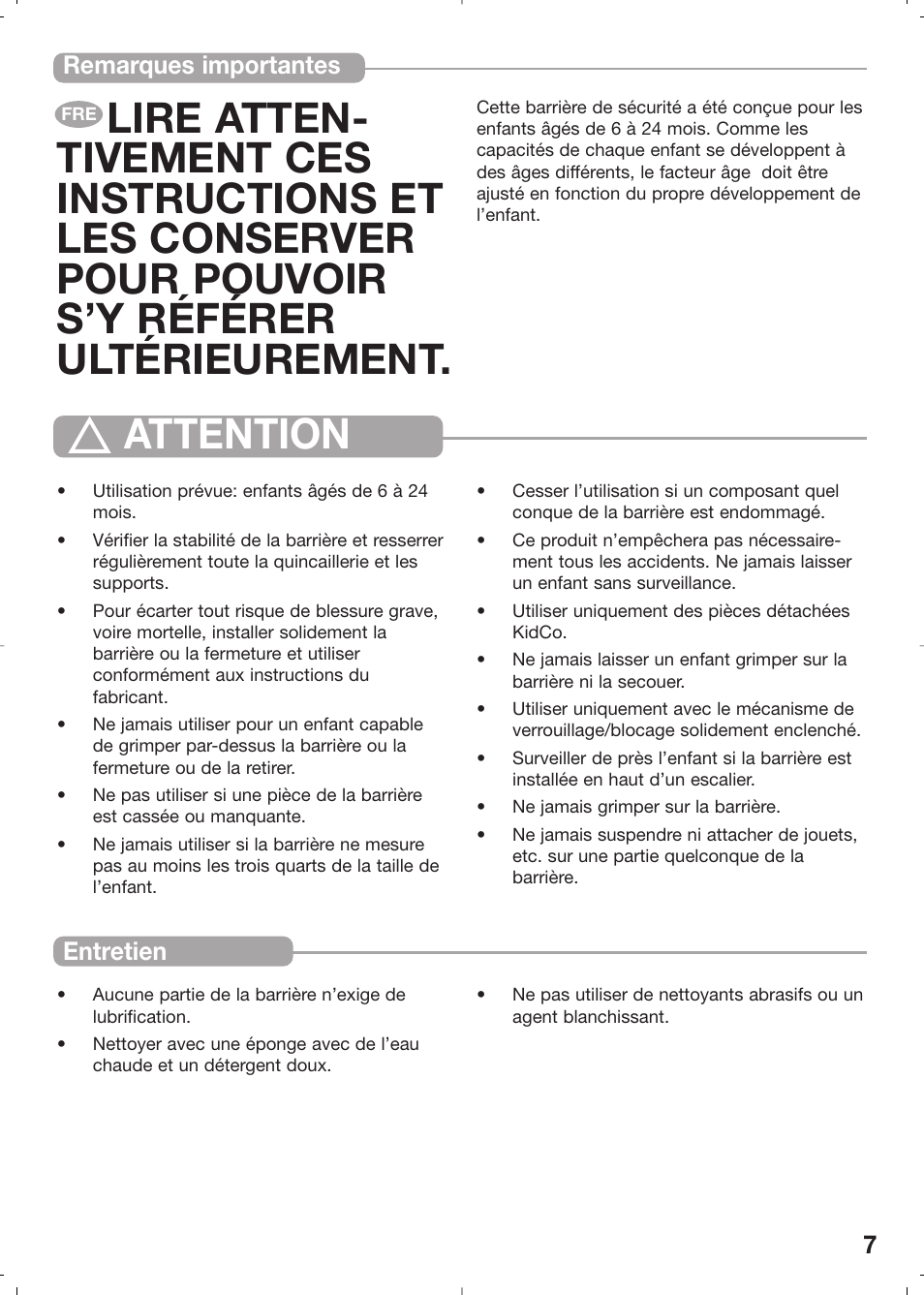 Attention, Remarques importantes entretien | Kidco G31c User Manual | Page 7 / 18