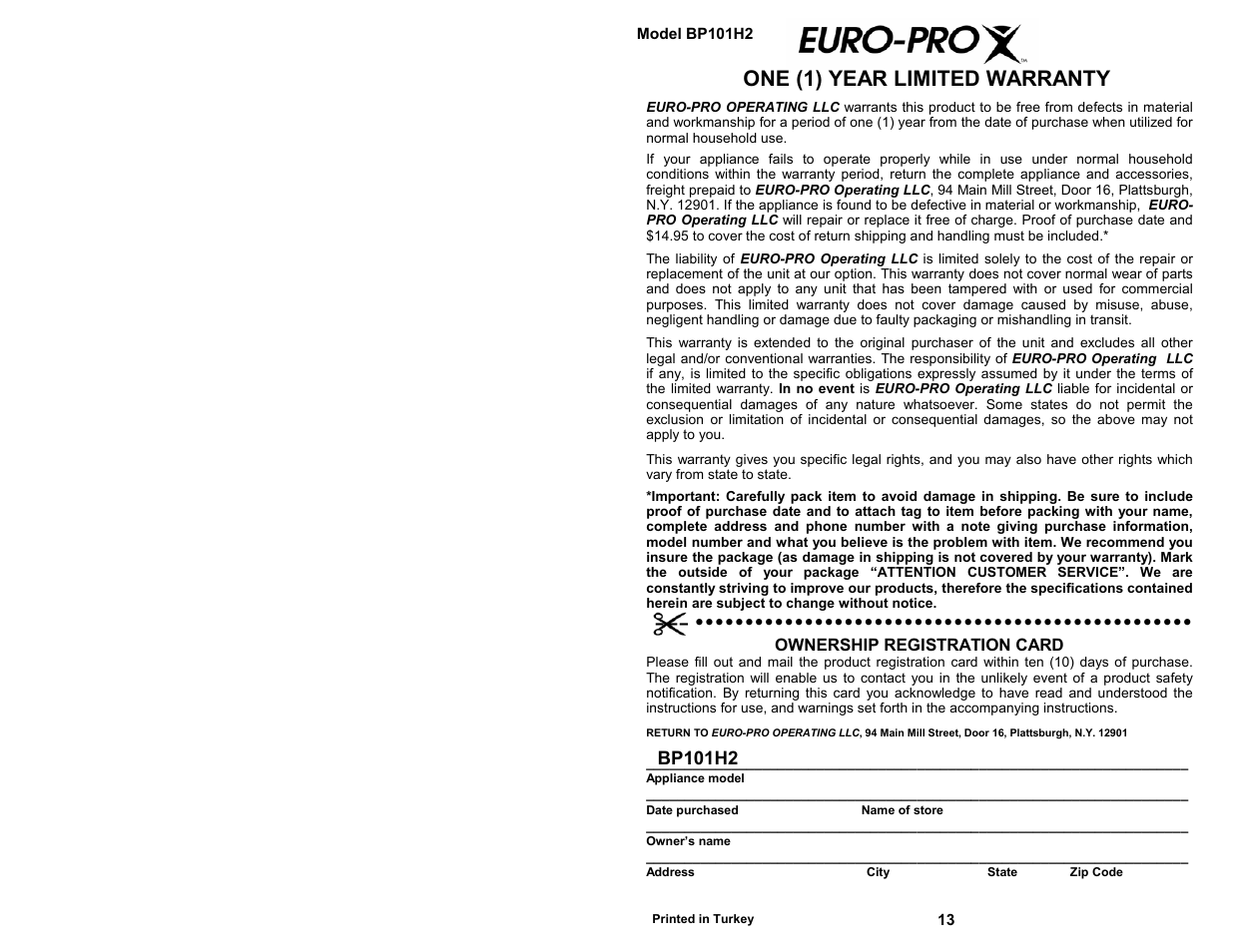 One (1) year limited warranty, Bp101h2 | Bravetti QUAD BLADE FOOD BP101H2 User Manual | Page 2 / 8