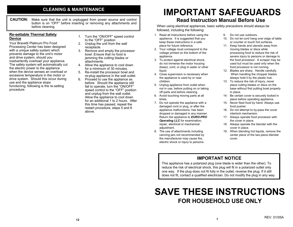 Save these instructions, Important safeguards, For household use only | Read instruction manual before use, Cleaning & maintenance, Important notice | Bravetti QUAD BLADE FOOD BP101H2 User Manual | Page 3 / 8