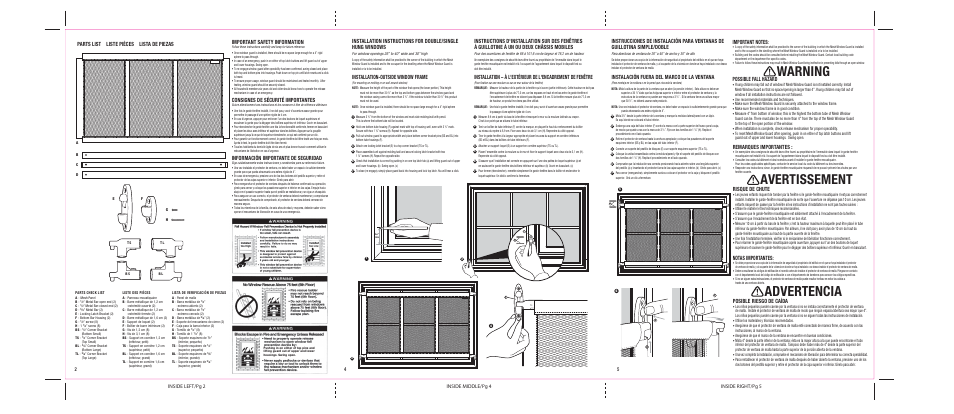 Advertencia, Warning, Avertissement | Important safety information, Consignes de sécurité importantes, Información importante de seguridad, Parts list liste pièces lista de piezas, Installation-outside window frame, Instalación fuera del marco de la ventana, Possible fall hazard | Kidco S303 Mesh Window Guard User Manual | Page 2 / 2