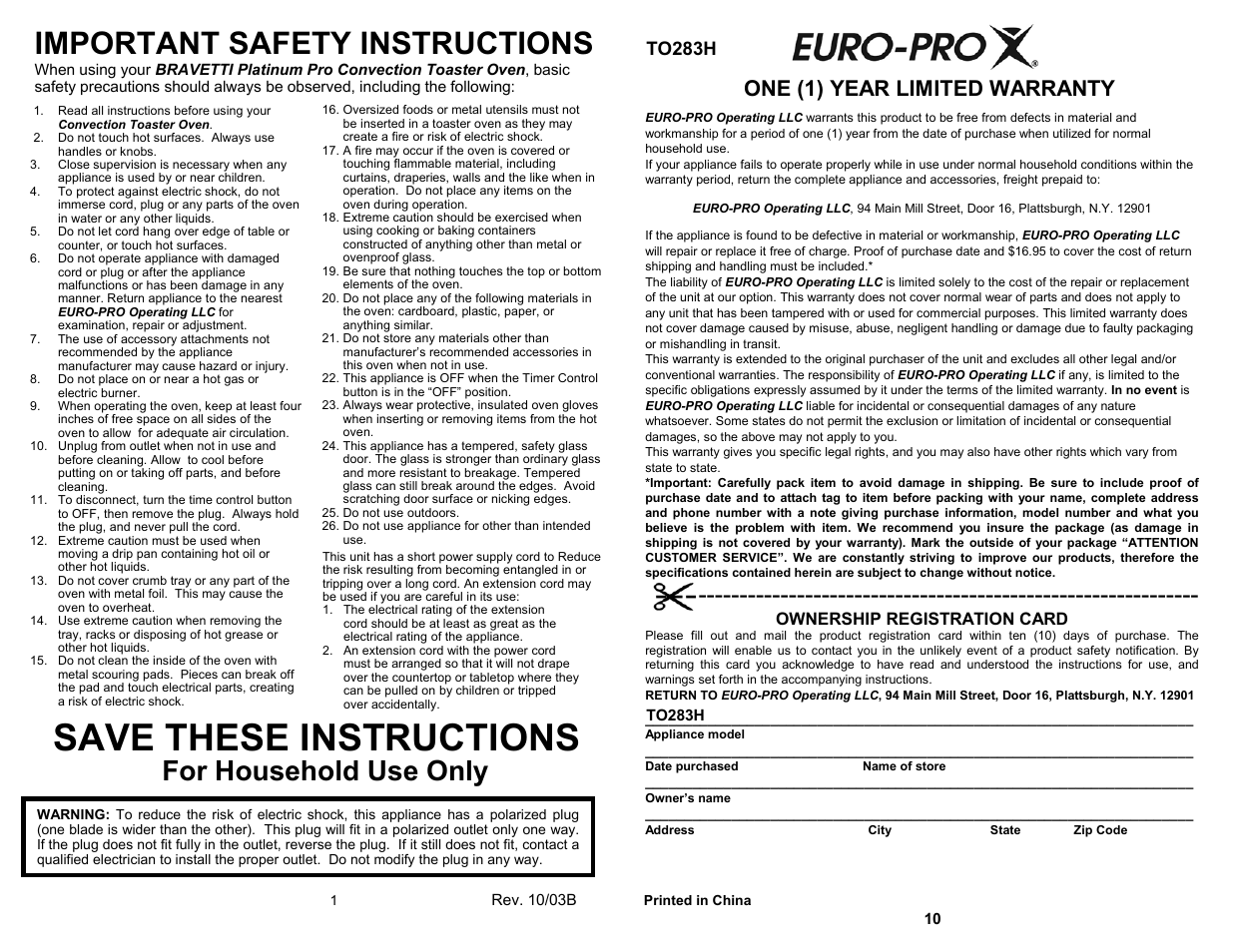 Save these instructions, Important safety instructions, For household use only | One (1) year limited warranty, To283h | Bravetti BTAVETTI PLATINUM PRO TO283H User Manual | Page 2 / 6