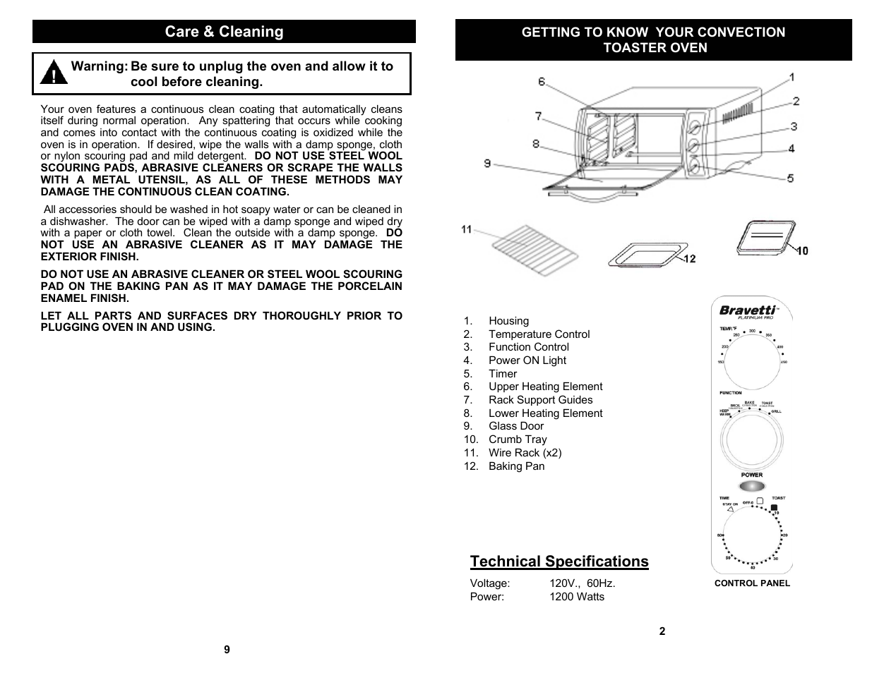 Care & cleaning, Technical specifications | Bravetti BTAVETTI PLATINUM PRO TO283H User Manual | Page 3 / 6