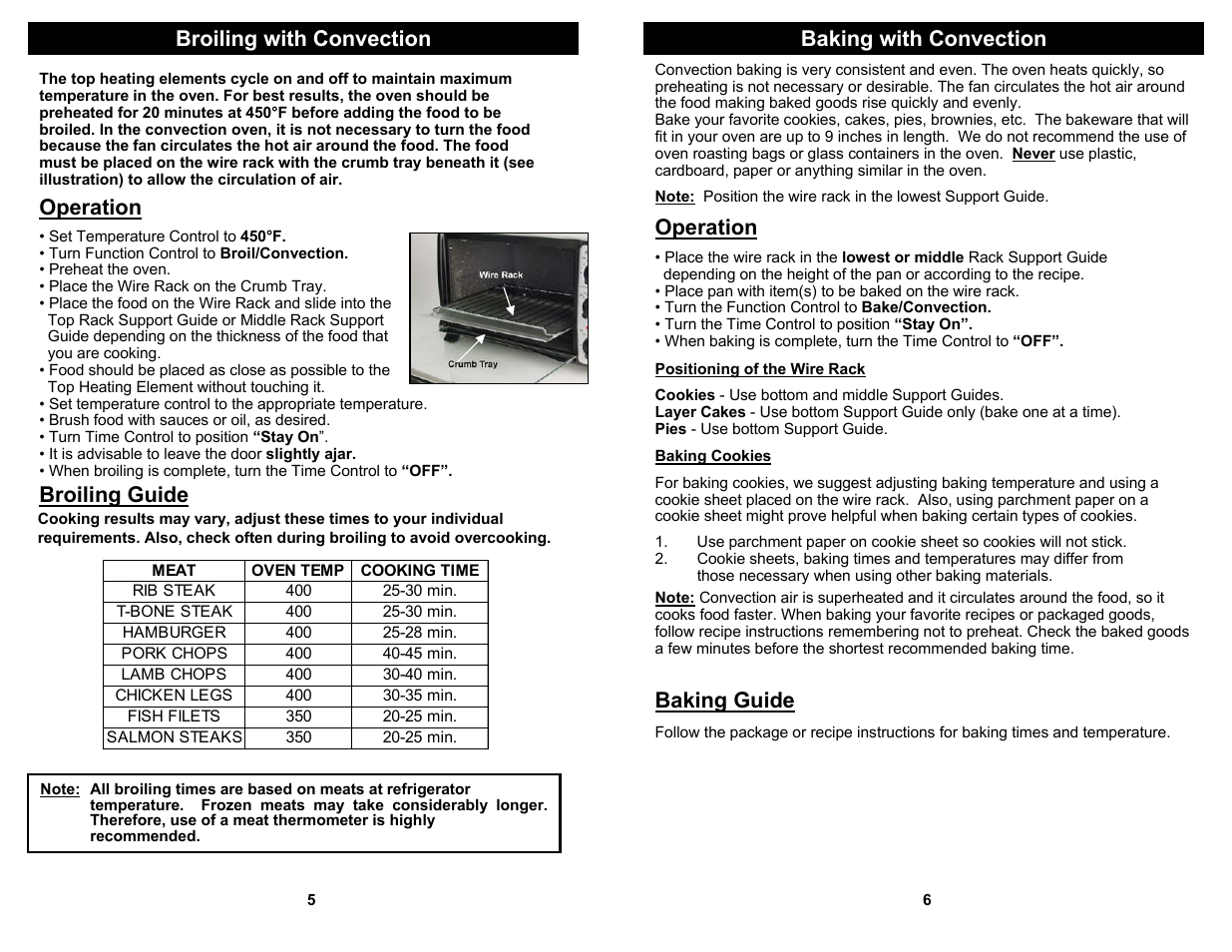 Broiling with convection baking with convection, Operation, Broiling guide | Baking guide | Bravetti BTAVETTI PLATINUM PRO TO283H User Manual | Page 6 / 6