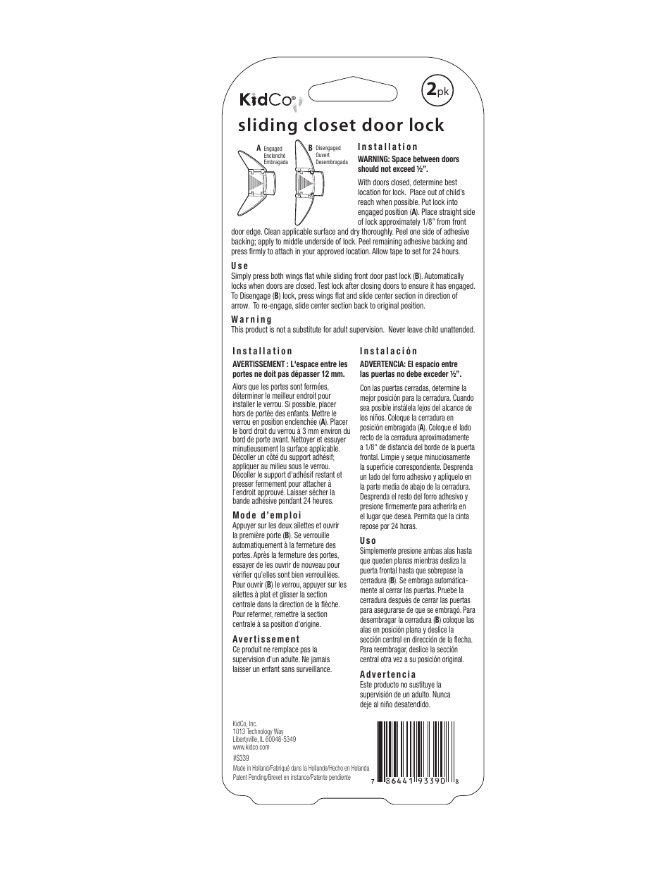Kidco S339 Sliding Closet Door Lock User Manual | 1 page