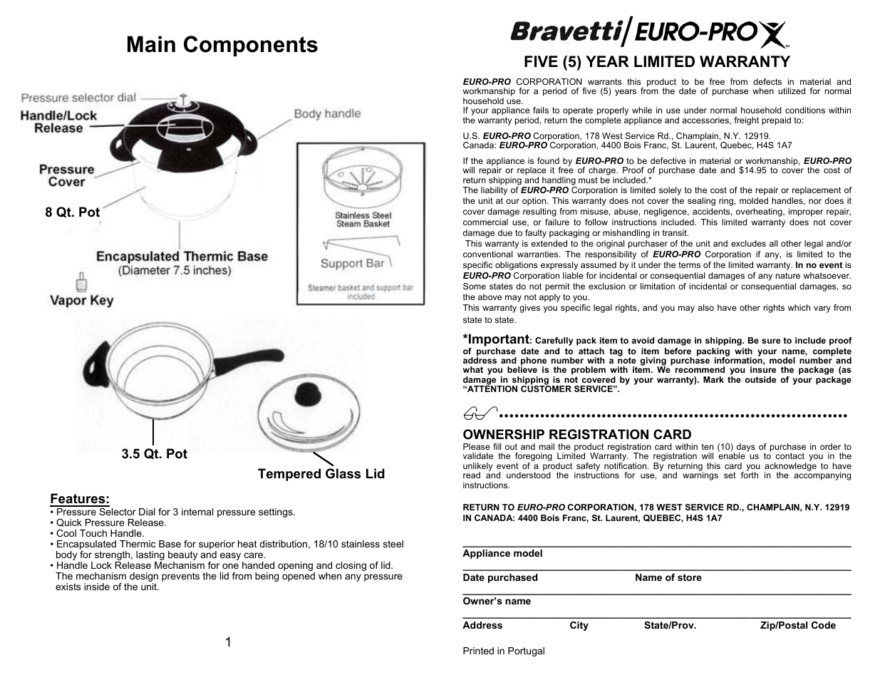 Main components, Five (5) year limited warranty | Bravetti PC104 User Manual | Page 4 / 16