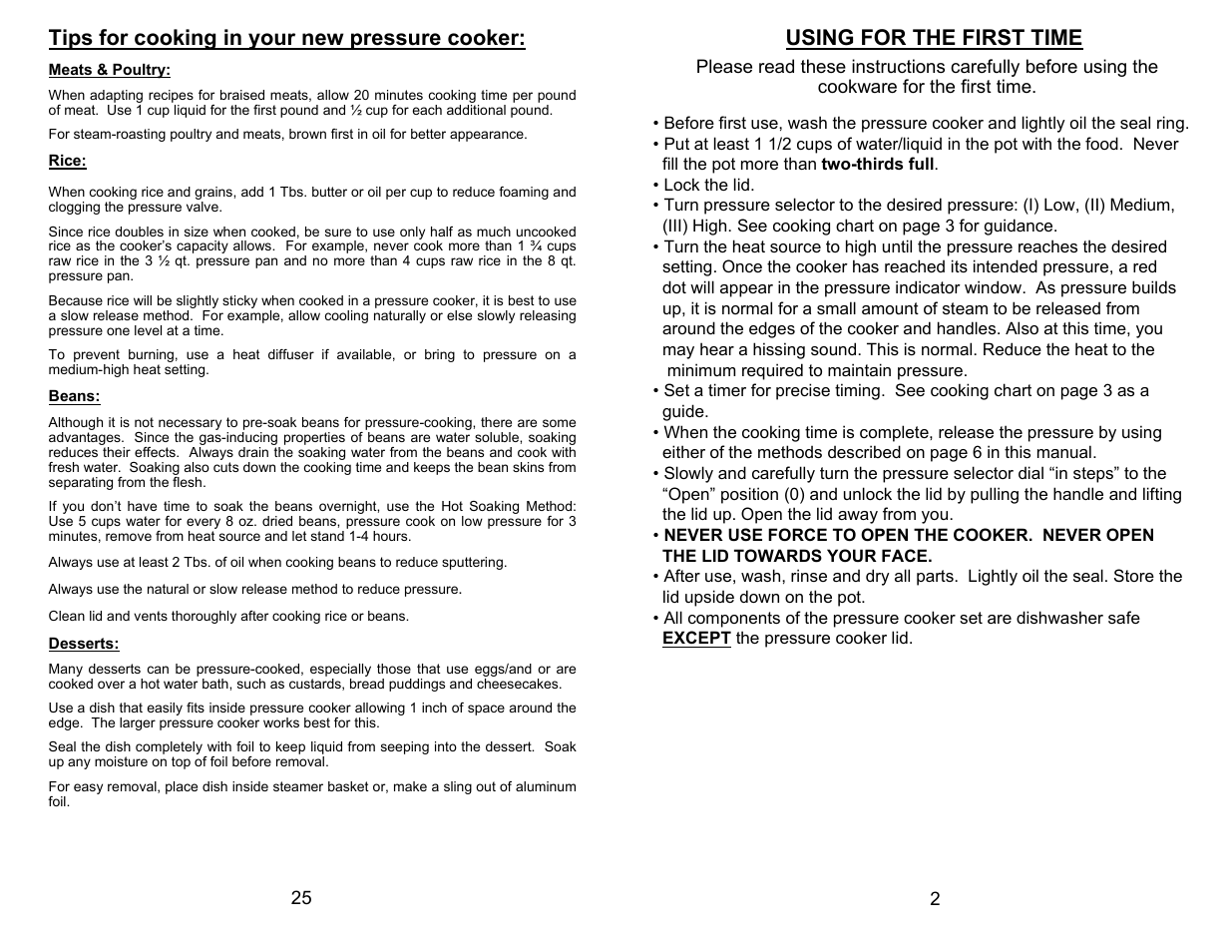 Using for the first time, Tips for cooking in your new pressure cooker | Bravetti PC104 User Manual | Page 5 / 16