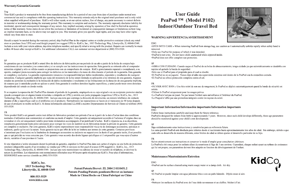 Kidco P102 User Manual | 2 pages