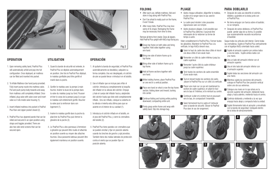 Pliage, Para doblarlo, Operation | Operación, Utilisation, Folding | Kidco P205 User Manual | Page 2 / 2