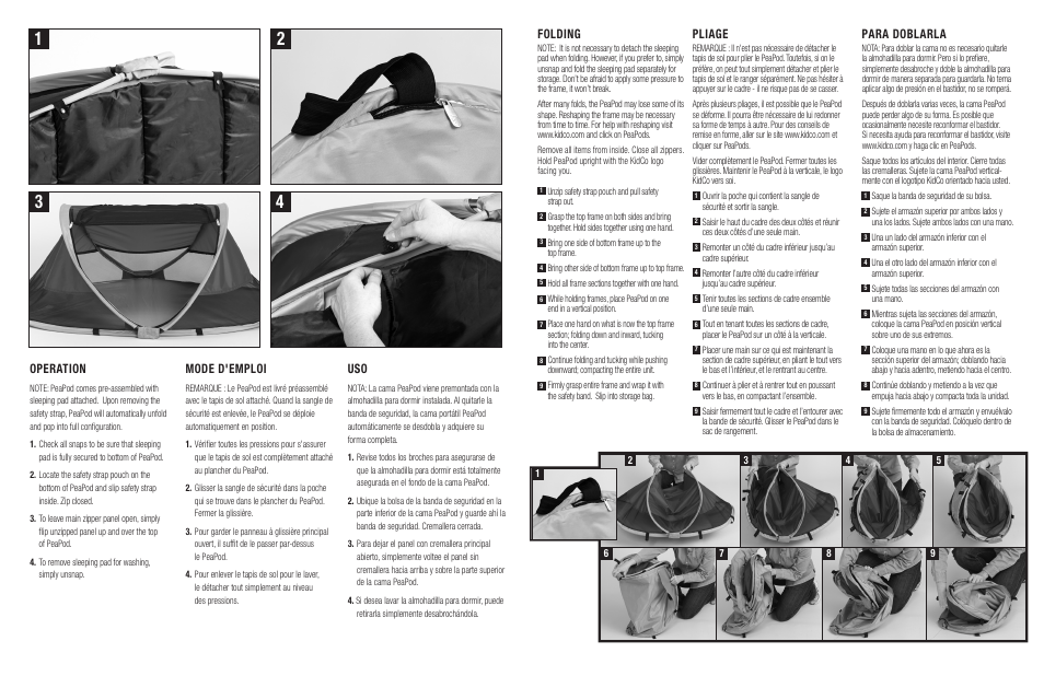 Operation, Mode d'emploi, Folding | Pliage, Para doblarla | Kidco P3010 User Manual | Page 2 / 2