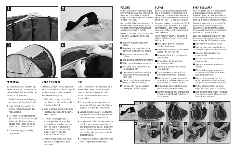 Operation, Mode d'emploi, Folding | Pliage, Para doblarla | Kidco P4010 User Manual | Page 2 / 2