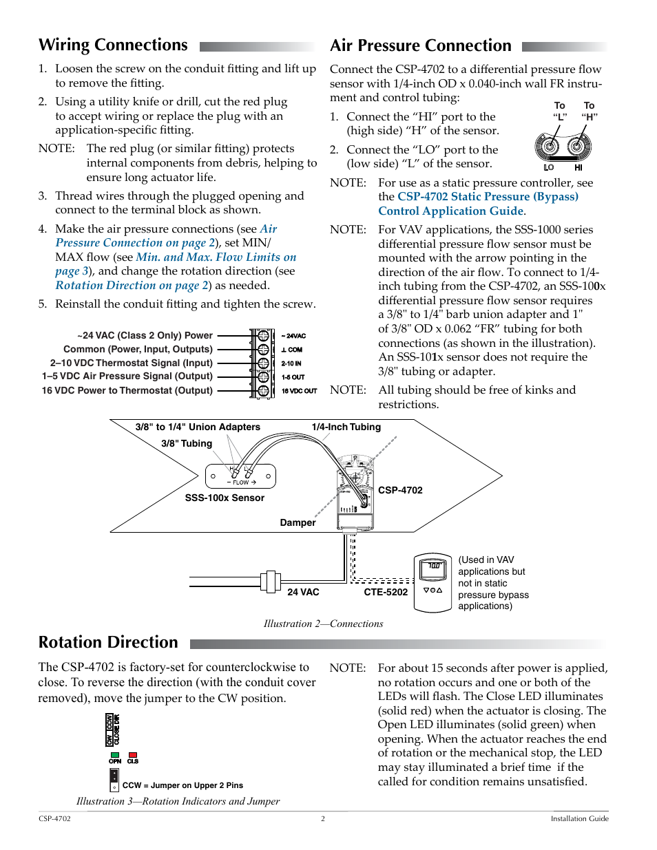 Wiring connections, Rotation direction, Air pressure connection | KMC Controls CSP-4702 User Manual | Page 2 / 4