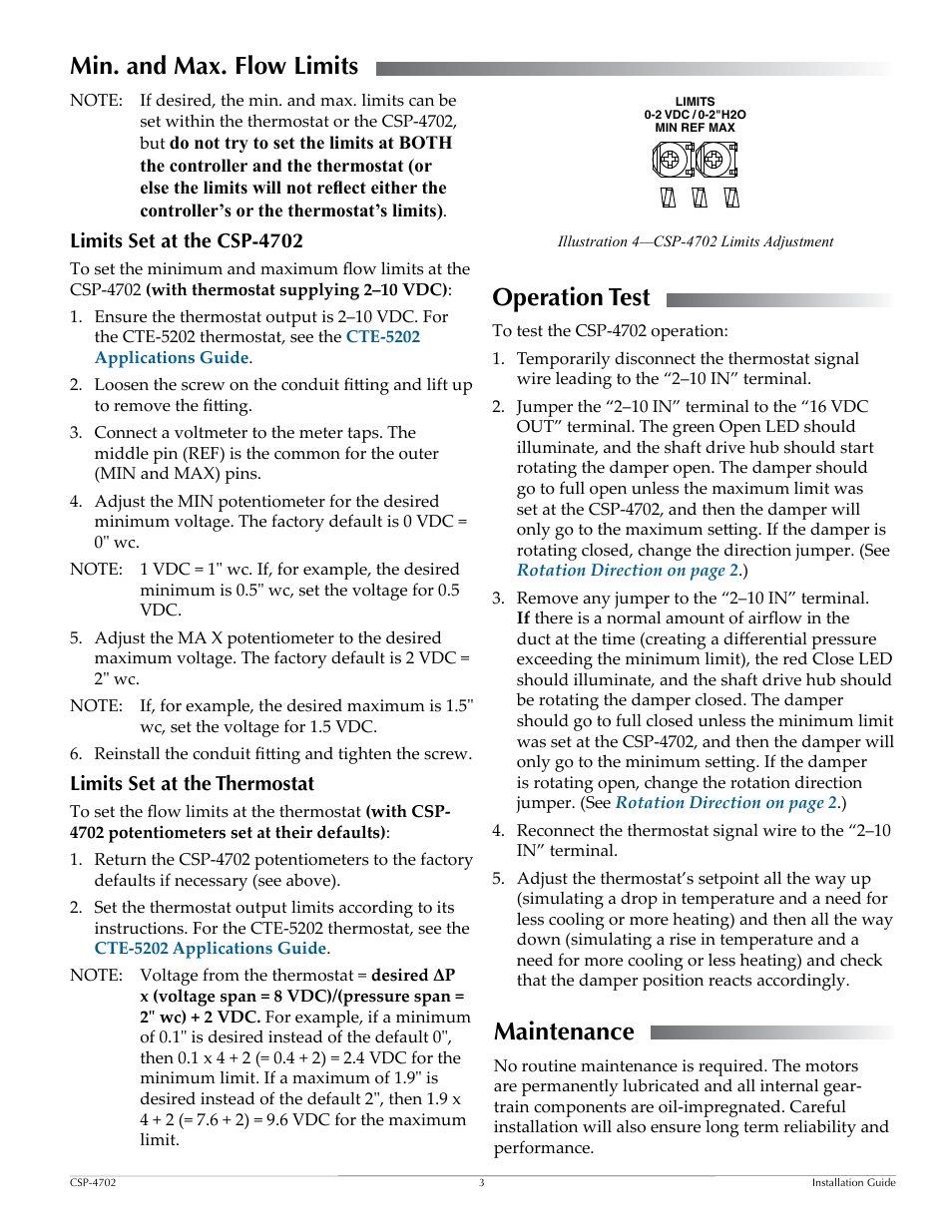 Min. and max. flow limits, Limits set at the csp-4702, Limits set at the thermostat | Operation test, Maintenance, Operation test maintenance, Min. and max. flow limits on | KMC Controls CSP-4702 User Manual | Page 3 / 4