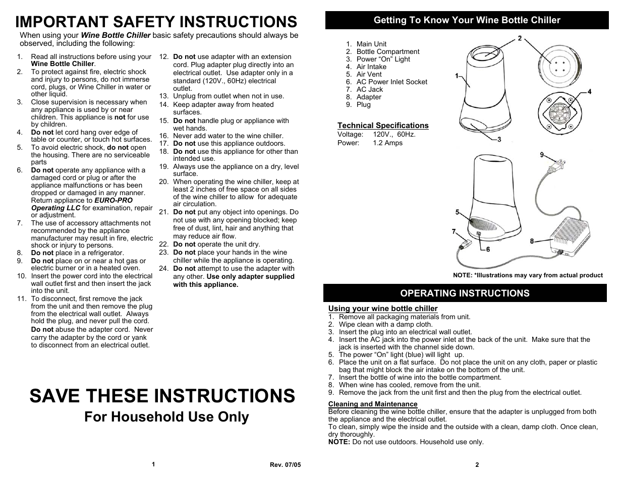 Save these instructions, Important safety instructions, For household use only | Getting to know your wine bottle chiller, Operating instructions | Bravetti PLATINUM PRO WC213H User Manual | Page 2 / 2
